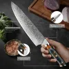 Zestaw noża kuchennego Damascus 1-7pcs Super Sharp Full Tang Chef Knife Utility Nóż Santoku Stabilizowany drewniany uchwyt drewniany