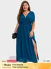 Plus Size Kleider plus Größe Kleidung Dolman Slve Maxi Kleid mit Taschen Casual V Hals Kleid geteilte Rucke Bind Back Rücken elegantes Partykleid Y240510