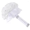 Decorative Flowers 1PC Korean Style White Foam Roses Silk Ribbon Bouquet Handmade Rhinestone Diamante Bridal Bridesmaid Brooch Wedding Decor
