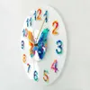 Väggklockor färgglada siffror modern väggklocka akvarell fjäril målning konst hängande timepiece giclee fin konsttryck tyst väggklocka
