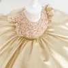 2021 Gold Beded Flower Girl Robes Ball Ball Bow Satin Backless Lilttle Kids Birthday Pageant Weddding Robes 2883