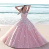 Принцесса цветочный цветочный розовый бальный платье Quinceanera платья 2021 аппликация тюля Scoop без рукавов кружев