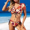 Kvinnors badkläder sexig retro mod bikinis set orangy 70s tryck bikini baddräkt kvinnor press upp justerbar badan anpassad baddräkt stor storlek