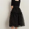 Jupes d'automne polka dot rétro doux et élégant plissé haute taille corporel or organza flocage noir streetwear