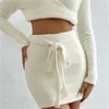 ワークドレスファッションニットミニスカートセットトップトップロングスリーブボディーコンクロスVネックプルオーバーニットウェア女性ベルト包帯スカート