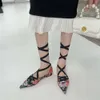 Vrouwelijke sandalen puntig teen zomerjurk schoenen platte hakken enkelband veter omhoog casual vrouw zwarte 40sandals sa 40