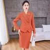 Tvådelad klänning Izicfly Spring Autumn Style Orange Office Elegant Women Business Suits With Kirt och Blazers Korean Outfit Set Work Wear