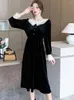 Casual Dresses Korean Elegant Chic Women Promotion Autumn Winter Black Velvet Ruffled Collar Vestidos 2024 Vintage BodyCon Night Dress