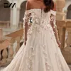 رومانسية قبالة الكتف 3D الأزهار الأزهار فستان الزفاف فستان طويل الأكمام مخصصة