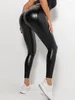 Женские леггинсы Bulift Pu Кожаные брюки с высоким талией упругое сплошное цвет блестящий черный сексуальный плотный