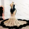 Sparkly svart sjöjungfru aftonklänning höghalsfjäderpärlor sexiga lyxiga promklänningar Dubai kvinnor formella festklänningar 261J