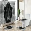 Shower Curtains Highland Cow Autumn Country Retro Old Wooden Farmhouse Barn Scenery Non-Slip Carpet Toilet Cover Floor Mat Sets