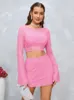 Casual Dresses Asia Summer Mesh Long Sleeve Solid 2 Piece Set Women Sexy Backless Sequins Crop Top And Mini Skirt Sets Party Matching Female