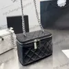 Womens Caviar Leather Classic Mini Makeup Vanity Box With Mirror Silver Chain Bags Calfskin Quilted Zipper Cosmetic Case Fanny Pack Crossbody Card Holder Purse 20cm