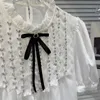Blouses pour femmes 2024 Summer Classic Style Bow Rignestone Boulace de chemise à manches courtes élégantes en mousseline de soie