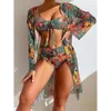 New Sexy Long sleeved Mesh Mask Shirt Split Printed Bikini Swimsuit H514-39