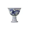 Decorative Figurines 3.2" China Old Antique Porcelain Xuande Blue And White Lines Dragon Stem Cup Statues For Decoration Collection