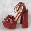 Sukeia New Stylish Women Ankle Strap Sandals Stone Pattern Chunky Heels Round Toe Pretty Fuchsia Party Shoes Ladies US Size 5-20