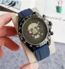 Brand Watches Men Skull skeleton Calendar style Multifunction rubber band Quartz wrist Watch 3 small dials can work X903567579