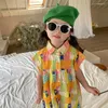 Kleidungssets 3-8T Kinder Mädchen Sommer-Overall-Hemd-Hemdkragen Kurzarm Rompers Drucken breites Bein langes Hosen Strandoutfits drucken