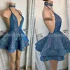 Sparkly Blue Sequin Short Party Homecoming Dresses Sexy Deep V Neck Halter Backless African Prom Dresses Graduation Gowns 296m