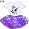 Kläderuppsättningar 2024 Summer Autumn Kid Baby Girls Custom Print TOPS T-shirt Glow Sequins kjolar kläddräkt Kläderuppsättning