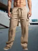 Męskie spodnie Cargo klasyczny na świeżym powietrzu długie lato oddychające lniane spodnie męskie swobodne elastyczne talii