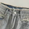 Short féminin Denim bleu clair pour femmes hautes patchs effilochés longs jeans entièrement appariés designer larges de jambe d'été