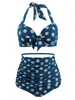 Bikini plikini plissé pour femmes bleu marine bleu marine avec des points blancs inférieurs féminins classiques hauts licou licou plus taille deux pièces