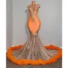 Black Girls Orange Mermaid Prom Dresses 2023 Satin Beading Sequined High Neck Feathers Luxury Kirt Evening Party Formella klänningar för Wome 235U