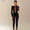 Kobiety Jumpsuits rompers cutenova seksowna dziura łzawią kombinezon siatka patrz przez długi rękaw ciasny top damskie klub nocny pasek na ramię wx wx