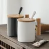 Mokken 400 ml Japan Style houten handvat koffie mok keramische watercup met bamboe deksel ontbijt melkbeker heeft lepel zwarte witte kleuren