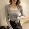 Dames truien lente vrouwen met lange mouwen vierkante sjaals halslijn gebreide trek sexy trui schouder van top femme pullover kleren