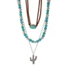 Pendant Necklaces KunJoe Bohemian Multi layered Blue Stone Beads Korean Velvet Necklace Womens Punk Metal Cactus Pendant Cross Chain Necklace J240513