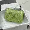 24C Womens Designer Shimmer Glitter Green Sequins Shoulder Bags Classic Mini Flap Quilted Silver Hardware Matelasse Chain Crossbody Handbag Sacoche Purse 21x13CM