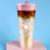 Disposable Cups Straws 50pcs High Quality Flower Tea Cup Frosted Transparent Milk Birthday Party Favors Juice Drinking With Lid