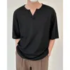 Men's T Shirts Men Clothing Waffle Short Sleeve Shirt Niche Design Loose Casual Breathable Summer Harajuku Small V-neck Tee