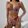 Bras Sets Wine Red Lingerie Ensemble sexy à la broderie transparente Femmes Transparent Panty 2 Pieces Mesh Tenue érotique