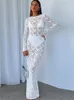 Robes décontractées Habbris Sexy White Hollow Out Lace Impring Long Dress Party Club For Women 2024 Sleeve d'automne Voir à travers BodyCon Maxi