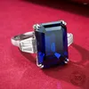 Pierścienie klastra 10x14mm szmaragdowy Cut Blue Sapphire Cubic Cyrron 925 Srebrny pierścionek palca na przyjęcie weselne