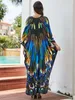 Bohemian Multicolor Print Long Sleeve Loose Kaftans Dress for Women Summer Autumn Sexy V Neck Maxi Dresses Q1588 240514