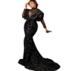 Aso ebi Mermaid Black Dresses formais de noite brilham com lantejoulas 2022 árabe Dubai Africano Celebrity Party Distra de mangas cheias de contas altas n 294p