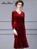 Lässige Kleider Gedivoen Herbst Modedesigner Wein Rot Vintage Velvet Kleid Frauen V Hals Diamond Paket Gesäß Slim Mermaid Long