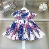 Top Girl Dress Short Sleeve Child Kjol Storlek 90-160 Kompletta etiketter Babykläder Wisteria Flower Print Kids Frock Jan20