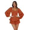 Bodysuit Solid Color Women's Fashion Autumn Dress Square Neck Lantern Lång ärm Ruffle Edge Shorts Casual kjol Pants F51448