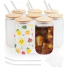 USA CA Warehouse Bamboo Lid With Straw, 16Oz Frosted Sublimation Beer Jar Glass Blank For Iced Coffee, Soda, Juice 0514