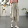 Summer Comfortable Flax Casual Bloomers Ladies Loose Solid Womens Clothing Simplicity Pocket Elastic Waist Calf-Length Pants 240514