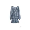 Grundläggande casual klänningar 2023 Kvinnor Chic Fashion V-hals Animal Print Asymmetric Draped Mini Dress Vintage Long Sleeve Ruffled Female M Dhkux