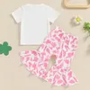 Roupas conjuntos de roupas de menina de meninas de meninas de aniversario, letra de tassel bolo de donut bolo floral calça longa faixa para a cabeça 3pcs Conjunto de verão