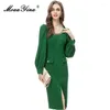 Casual Dresses Moaayina Autumn Fashion Designer Green Vintage Party Dress Women O Neck Metal Chain Button Package Buttocks Slits Slim Long